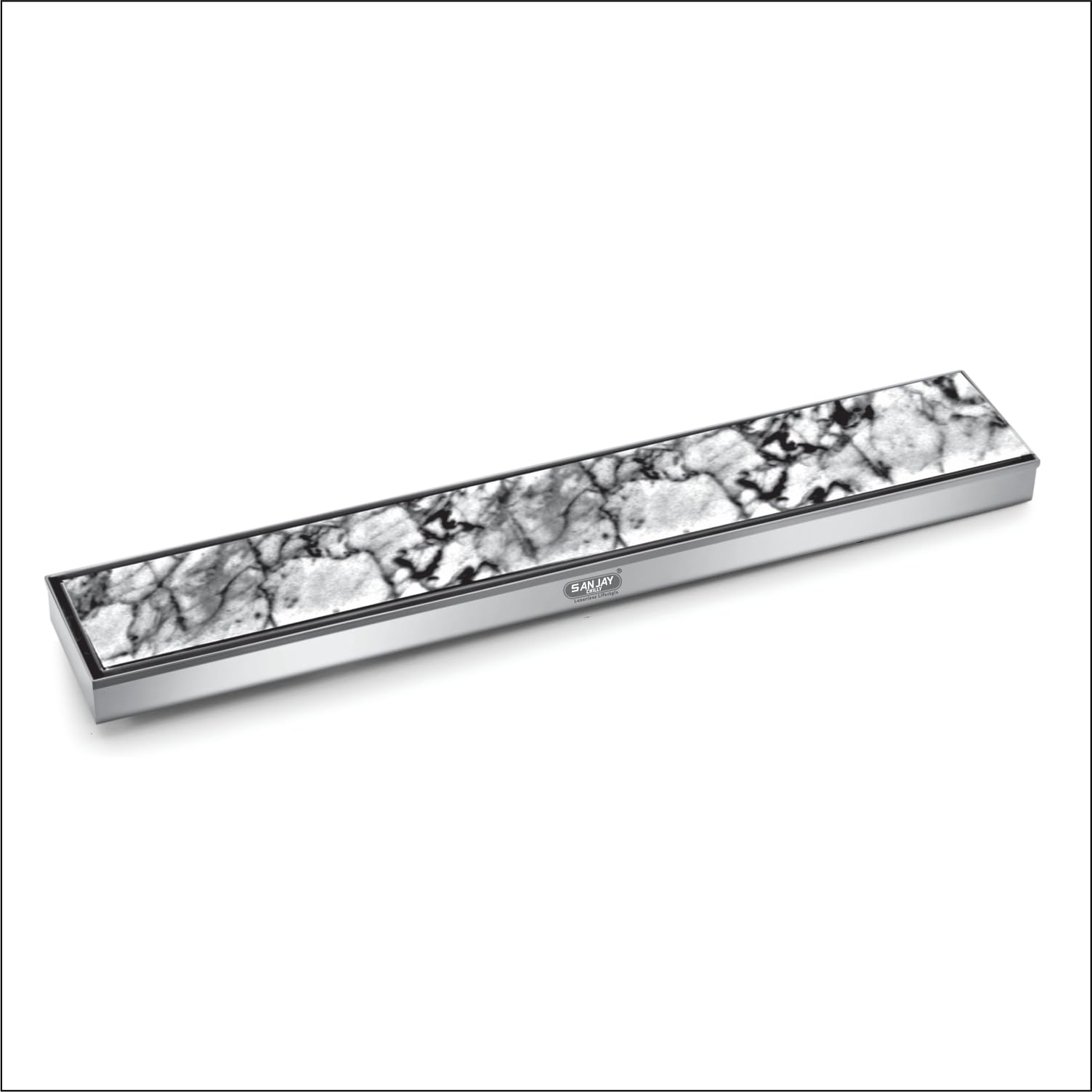 SANJAY CHILLY Shower Drainer Channel for Bathroom 21mm Marble Insert SS Floor Drain Cover 304 Grade Waste Water Drain Channel with Collar and Cockroach Trap (36x4 INCH - Center Hole)