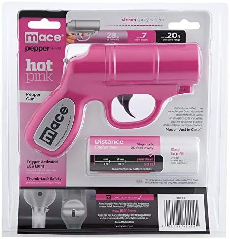 Mace Brand Self Defense Pepper Spray Gun with Strobe LED to Aim and Distract Threats, Police Strength with UV Dye, 20' Spray, 28 Grams, 6.5" x 4.5"