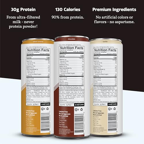 Image of Slate Milk Ultra High Protein Milk Shake (Sweet & Salty Pack) Chocolate, Vanilla & Salted Caramel - 30g Protein, 1g Sugar, 130 Calories, 1-2g Net Carbs, No Added Sugar, Lactose Free, 11 fl oz, 12 Cans
