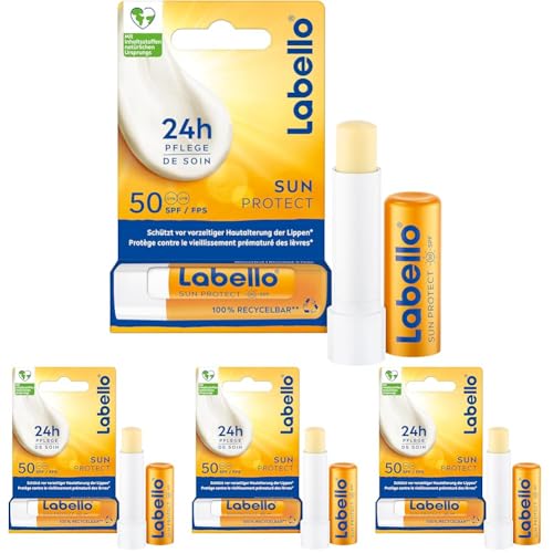 Labello Sun Protect LSF 50, wasserfeste Lippenpflege mit hohem Sonnenschutz, mineralölfreie Lippenpflege mit Sheabutter, Vitaminen & natürlichen Ölen (4,8 g) (Packung mit 4)