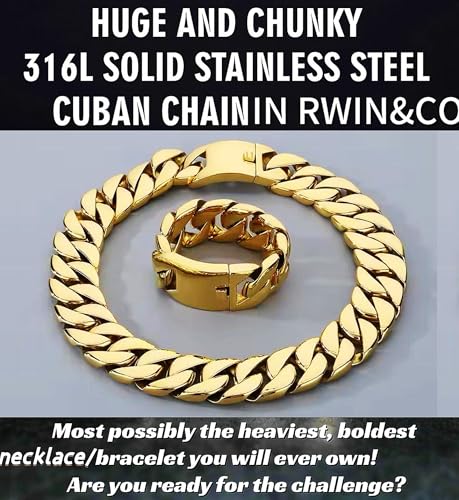 ROWIN&CO Jewelry Huge 32mm Chunky Chain Necklace Heavy Sturdy 18K Gold Plating 316L Stainless Steel Hip Hop Punk Fashion Party Gift for Men Women Cuban Chain, 8.66-35 Inch2
