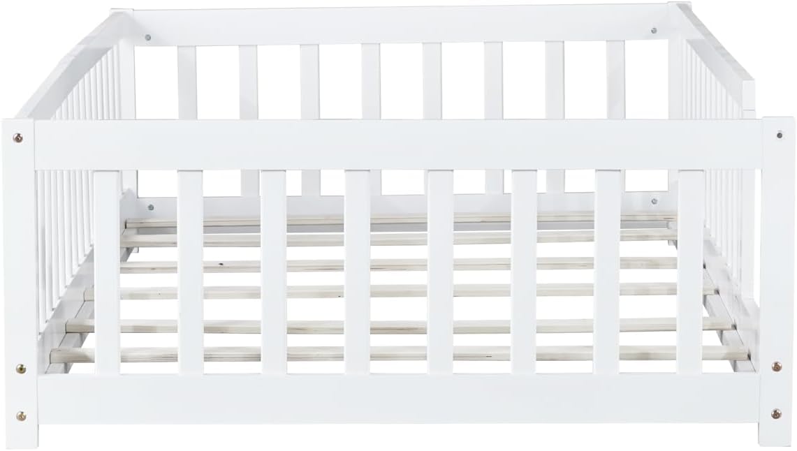 Twin Size Floor Bed with Safety Guardrails for Kids,Wood Montessori Floor Bed for Toddlers, Without Door, No Box Spring Needed, White