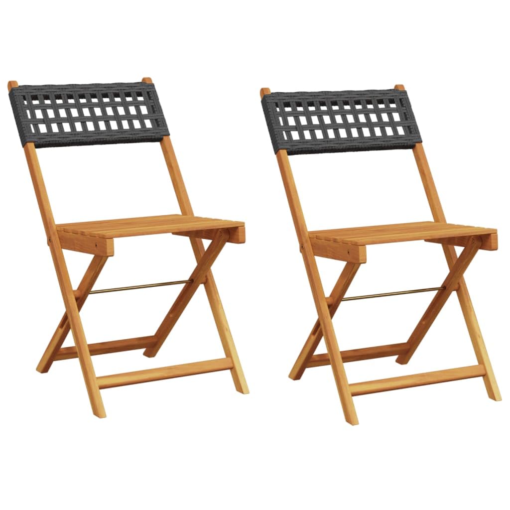 vidaXL Bistro Chairs 2 pcs, Folding Chair for Garden Balcony Patio, Outdoor Chair for Dining, Modern Style, Black Solid Wood Acacia and Poly Rattan