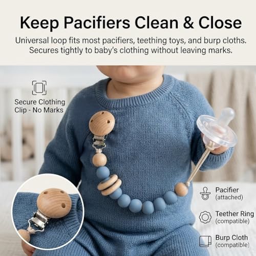 Image of 2Pcs Silicone Pacifier Clip with Natural Wooden Rings, Grey and Blue Pacifier Holder Binky Clips for Baby Boys (Blue)