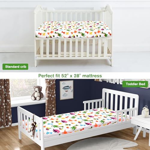 Image of JISEN Baby Crib Sheets Soft Breathable Dinosaurs Fitted Crib Sheets for Standard Crib and Toddler Mattress Baby Bed Sheets for Boys Girls Neutral 52x28 Inch