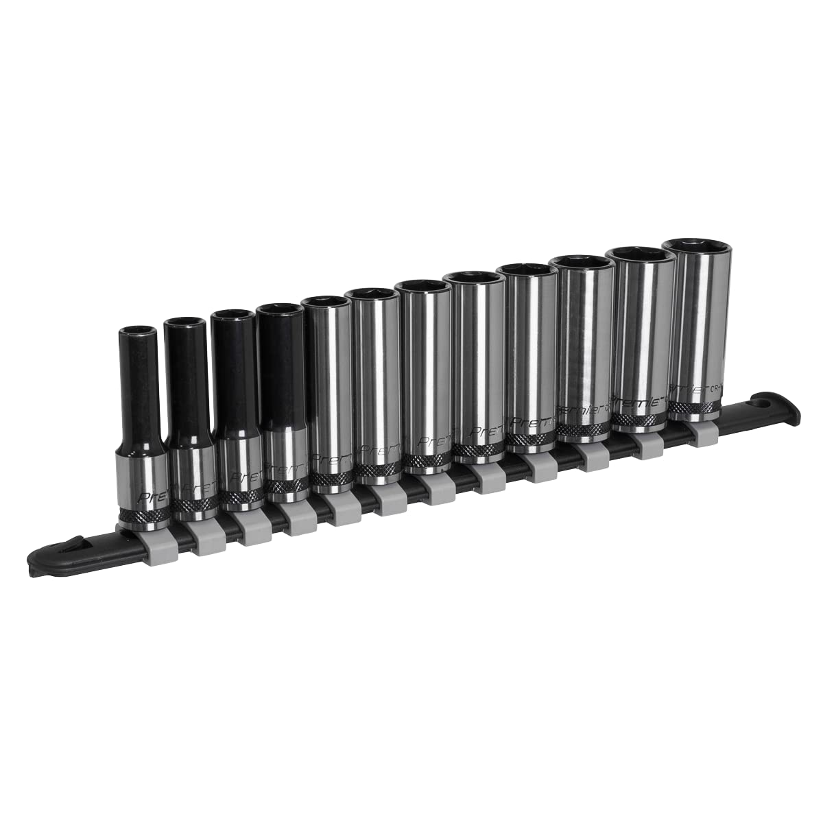 Metric Socket Set Deep 12pc 3/8""D Black Series Single Hex Railed Sealey AK7993