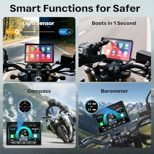 Image of WonVon Motorcycle CarPlay Screen with Android Auto - 5 inch Waterproof GPS, Pantalla para Moto, Apple CarPlay, Navigation System for Motorcycle, Dual 2K Dash Cam Bluetooth Audio & TPMS (No SD Card)