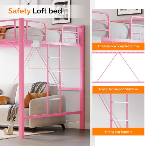 Image of VINGLI Loft Bed Queen Size with Charging Station and LED Lights,Safety Guardrail and Stair for Teens /Adults, No Box Spring Needed, Heavy Duty Metal Support Slat, Pink