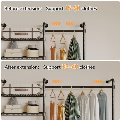 W3 Industrial Pipe Clothing Rack, Wall Mounted Clothes Rack Closet Wardrobe System with Expandable Hanger Rods Adjustable Storage Shelves, Heavy Duty Corner Walk-in Closet System, Black - Image 5