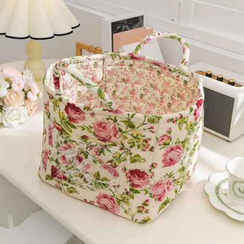 Image of Quilted Fabric Basket Foldable Car Storage Boho Floral Laundry Basket Hamper for Nursery Bedroom & Living Room | Organize Clothes Toys