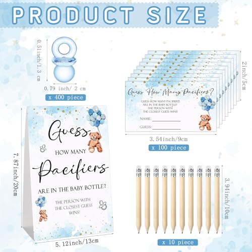 Image of Roowest 512 Pcs Baby Shower Games Guess How Many Pacifiers Sign 100 Small Guessing Games 10 HB Pencils 750ml Milk Bottle 400 Acrylic Pacifiers Decoration for Guest Gender Reveal(Blue,Bear)