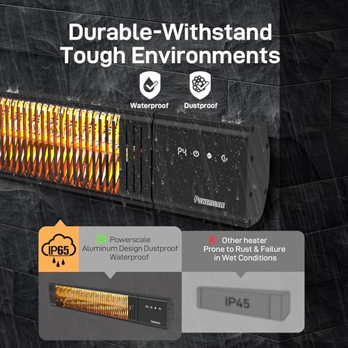 Image of Powerscale 1500W Electric Patio Heater, IP65 Waterproof, Remote, Fast Heating, 4 Heat Levels, 24H Timer & Memory Function, Wall Mounted Indoor /Outdoor Heater for Patio, Garage, Backyard, Black