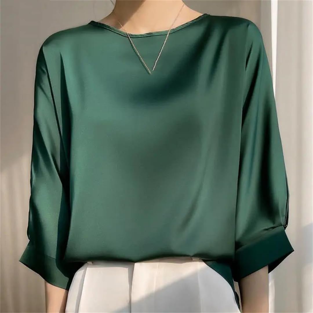 Maglietta estiva da donna in raso di seta a mezza manica t-shirt tinta unita casual O-collo camicie sottili da donna camicette larghe