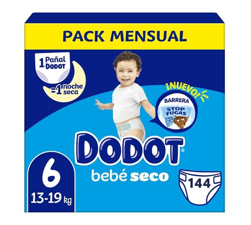 Dodot Pañales Bebé-Seco Talla 6 (13-19kg), 4x36, 144 Pañales con Protección Antifugas, Pack Mensual