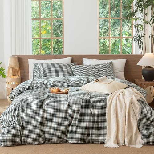 Image of MooMee Gingham Duvet Cover Set 100% Washed Cotton Linen Like Textured Breathable Durable Soft Comfy Modern Checkered Design (Mini Gingham Forest Green, Cal King 104 inchx98 inch)