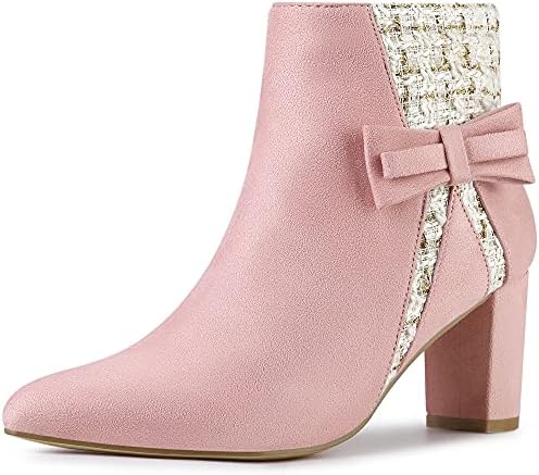 Allegra K Women's Tweed Plaid High Heel Boots Bow Chunky Heels Pink Ankle Boots - 6 M US