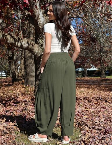 Image of TARSE Women's Linen Wide Leg Pants Baggy High Waist Palazzo Pants | Barrel Leg Fit, Harem Patch Pockets, Loose Casual Style, Breathable Fabric, Vacation Ready