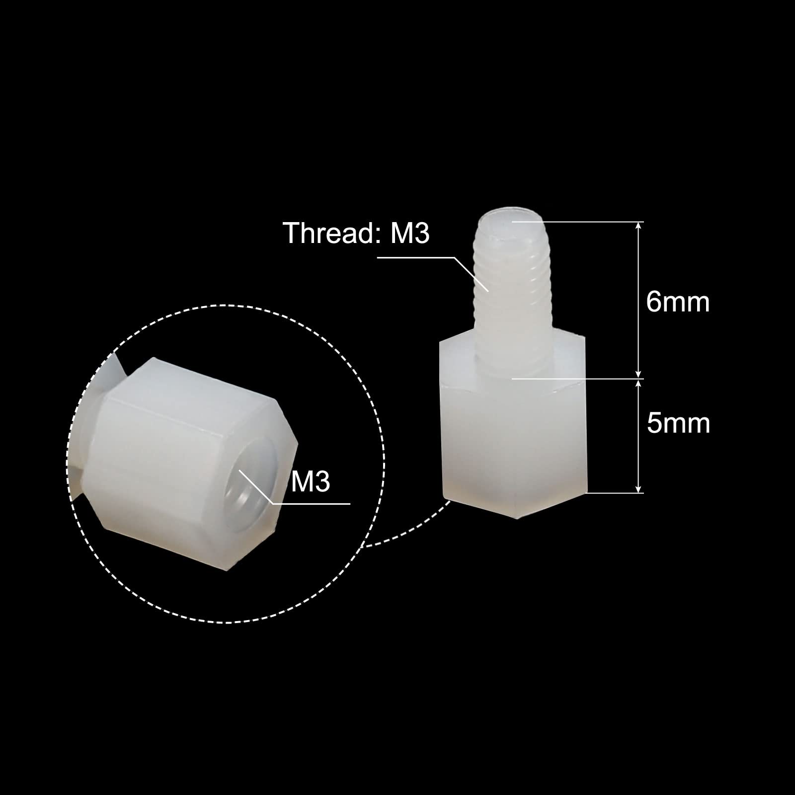 PATIKIL M3x5+6mm Male Female Standoff, 100Pcs Nylon Screws Hex Spacer with 100Pcs Nut for PCB Motherboard, Computer Case - Image 2