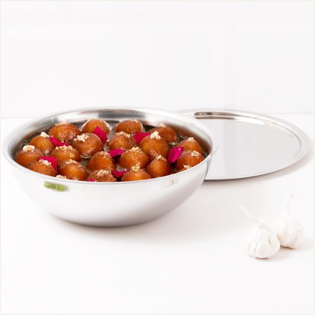 The Indus Valley Triply Stainless Steel Tasla/Tasra/Big Bowl for Dough/Salad Mixing with Steel Lid | Large, 26cm/10.2 inch, 3.2Ltr, 1.5kg | Induction Friendly | Cook and Serve Kadai | 3-Layer Body