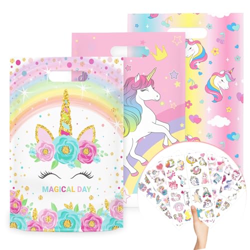 momoake Unicorns Party Favor Bags 24 PCS Goodie Bgs with 120 Waterproof Vnyl Stickers for Kids Unicorns Birthday Decorations