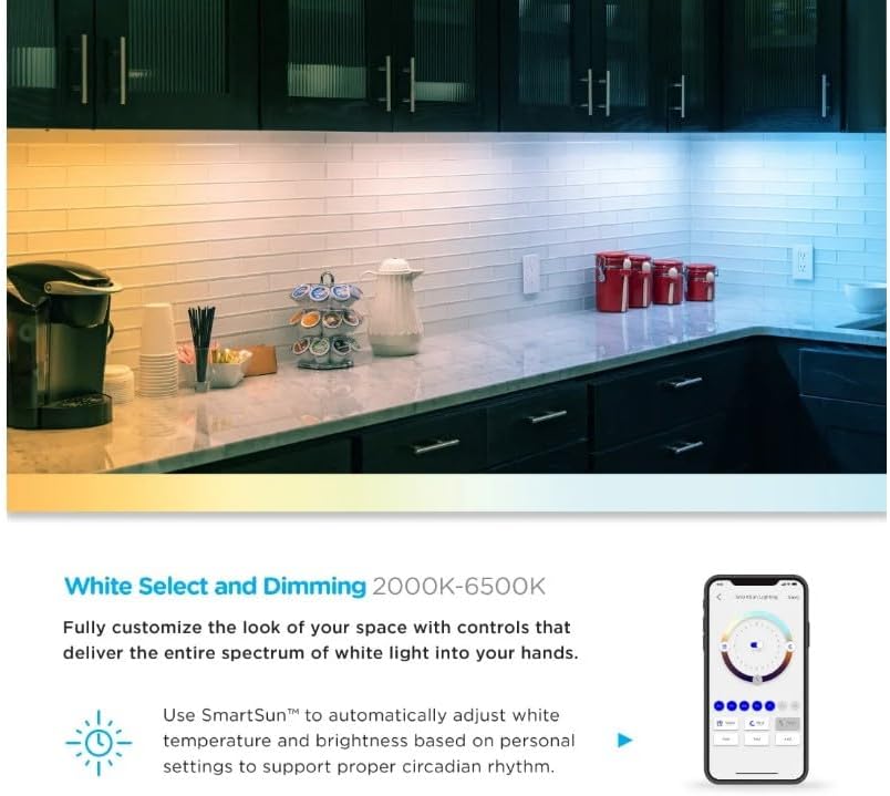 Kitchen counter illuminated by an Enbrighten LED Wi-Fi Light Fixture, demonstrating adjustable white light temperature from warm to cool, controlled via a smartphone app.