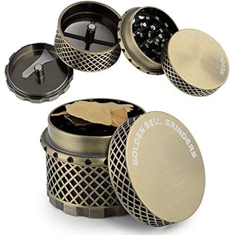Golden Bell Grinder 2.2 inch Thread-Less Spice Grinder 4 Piece Zinc Alloy Grinder - Bronze Color ( Mesh Net Pattern ) Cover