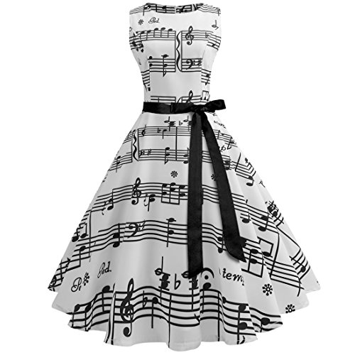 Wellwits Women's Boat Neck Sash Tie Music Note Print Midi Swing Dress