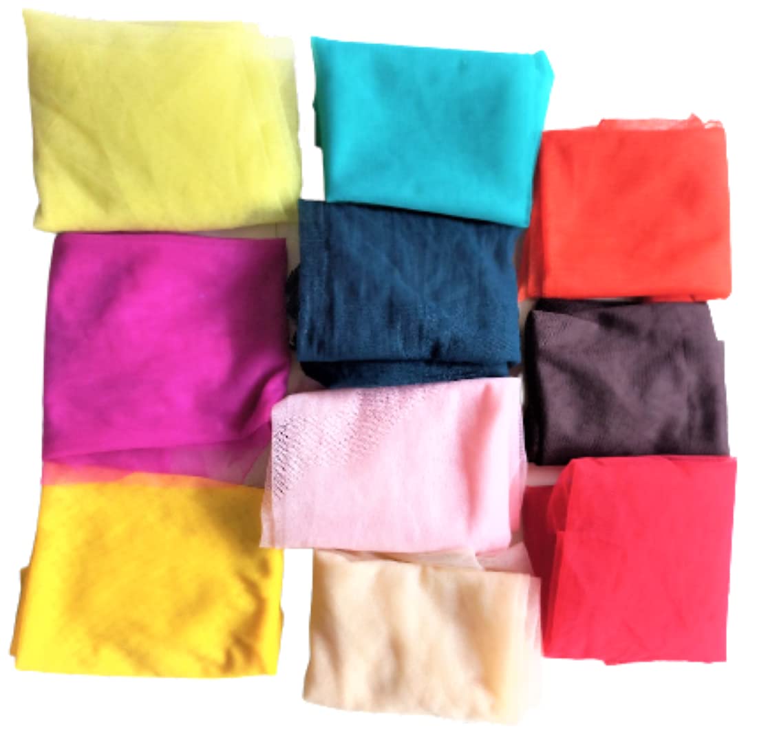 The Lovely Creations Multi Coloured Cut Pieces Soft Dense Net Yarn - Tulle For Diy Craft, Flower Making, New Born Baby Clothing, Home Decoration (Size 30 Cm To 80 Cm) - 10 Pieces, 350gram