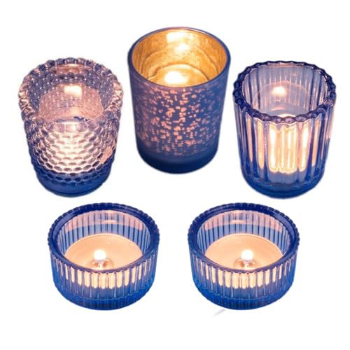 Homipooty 5ps Small Glass Candle Holder Tealight Candle Holders Blue Vintage Candle Votive Boho Decor Modern Home Decor Winter Decorations Indoor
