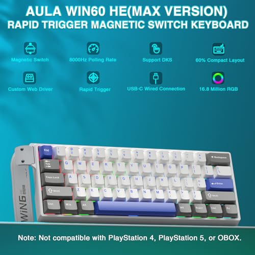 Image of AULA WIN60 HE MAX - 60% Mechanical Gaming Keyboard Wired, Hall Effect Magnetic Switches Hot Swappable, Adjustable Actuation Rapid Trigger Mode, 8000 Hz Polling Rate, 60 Percent Keyboard Compact Design