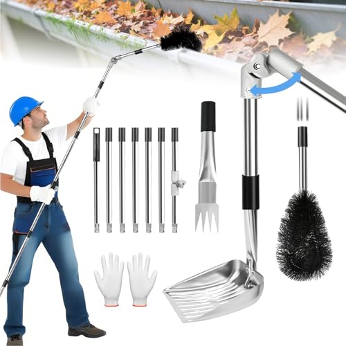10.5FT Gutter Cleaning Tools from the Ground, Length Adjustable Gutter Cleaning Pole with with Gutter Scoop, Gutter Brush, Gutter Rake, Efficient Gutter Cleaner for Leaves, Twigs & Debris