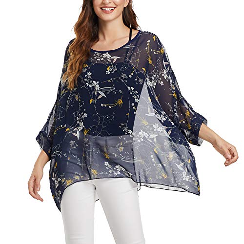 Image of Ckikiou Plus Size Batwing Flowy Semi Sheer Chiffon Blouse Tunic for Women Summer Floral Print Boho Beach Cover ups
