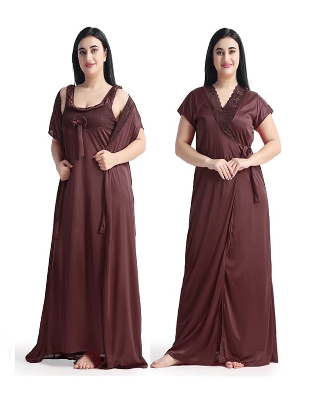 Women Nighty with Robe,Satin Nightwear Set, V-Neck Lace Trim, Floor Length, 2 Pieces-image-37