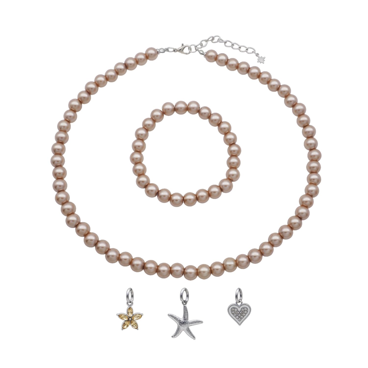 JSEA 8mm Faux Pearl Necklace Elastic Bracelet Jewelry Set Beige White Pink Fake Pearl Jewelry