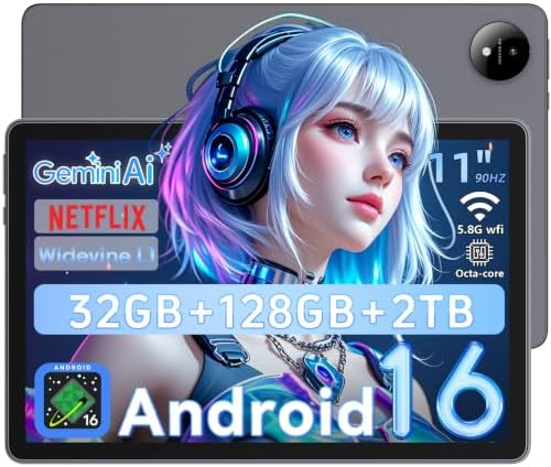 Tablet 11 Zoll Android 16 mit Gemini AI, T7250 Octa-Core, 32 GB RAM + 128 GB ROM(2 TB TF), 16 MP + 8 MP, 1920 x 1200 IPS HD-Display, 8000 mAh, 5,8 GHz + 2,4 GHz Wi-Fi, Widevine L1,