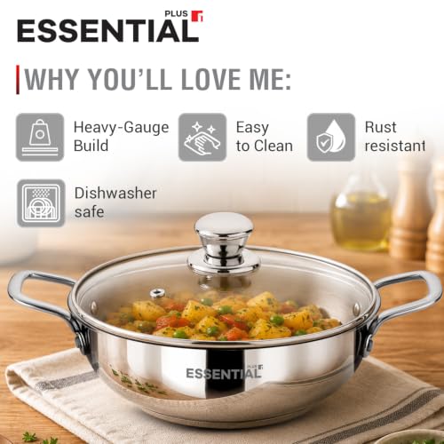 Image of BERGNER Essential Plus Stainless Steel Kadai with Glass Lid, 24cm (2.8 L), Even Heat Distribution, Consumes Less Oil, Healthy Cooking, Easy to Clean - Induction and Gas Stove Ready