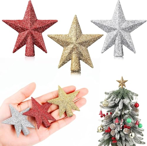 3 Stück Mini Weihnachtsbaumspitz Stern, Glitzer Christbaumspitze...