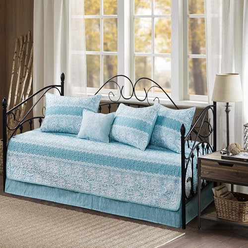 BYTIDE 6 Piece Reversible Microfiber Florals and Stripes Printed Daybed Cover Set, All Season Luxury Bedding with Bedskirt, Matching Shams, Decorative Pillow, 75