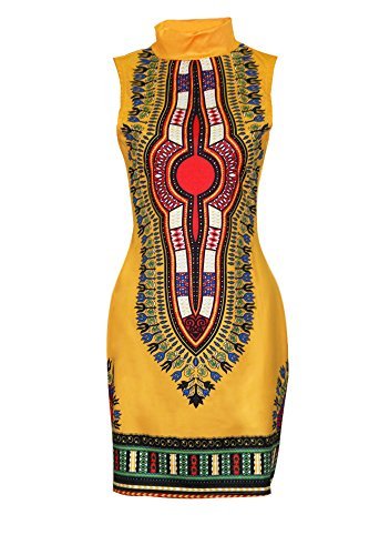 Vestido midi ajustado de estilo africano que estiliza la figura con falda étnica color amarillo