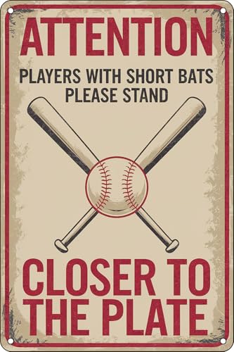 Funny Baseball Metal Tin Sign – ‘Players With Short Bats Please Stand Closer to the Plate’ – 12x8 Inch Sports Decor for Man Cave, Bar, Bathroom