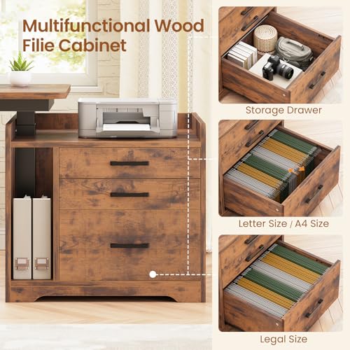 Image of SEDETA L Shaped Electric Standing Desk with File Cabinet, 63 x 53'' Height Adjustable Home Office Computer Desk with 3 Drawers, Power Outlet, Stand up Gaming Table with Led Lights, Rustic Brown