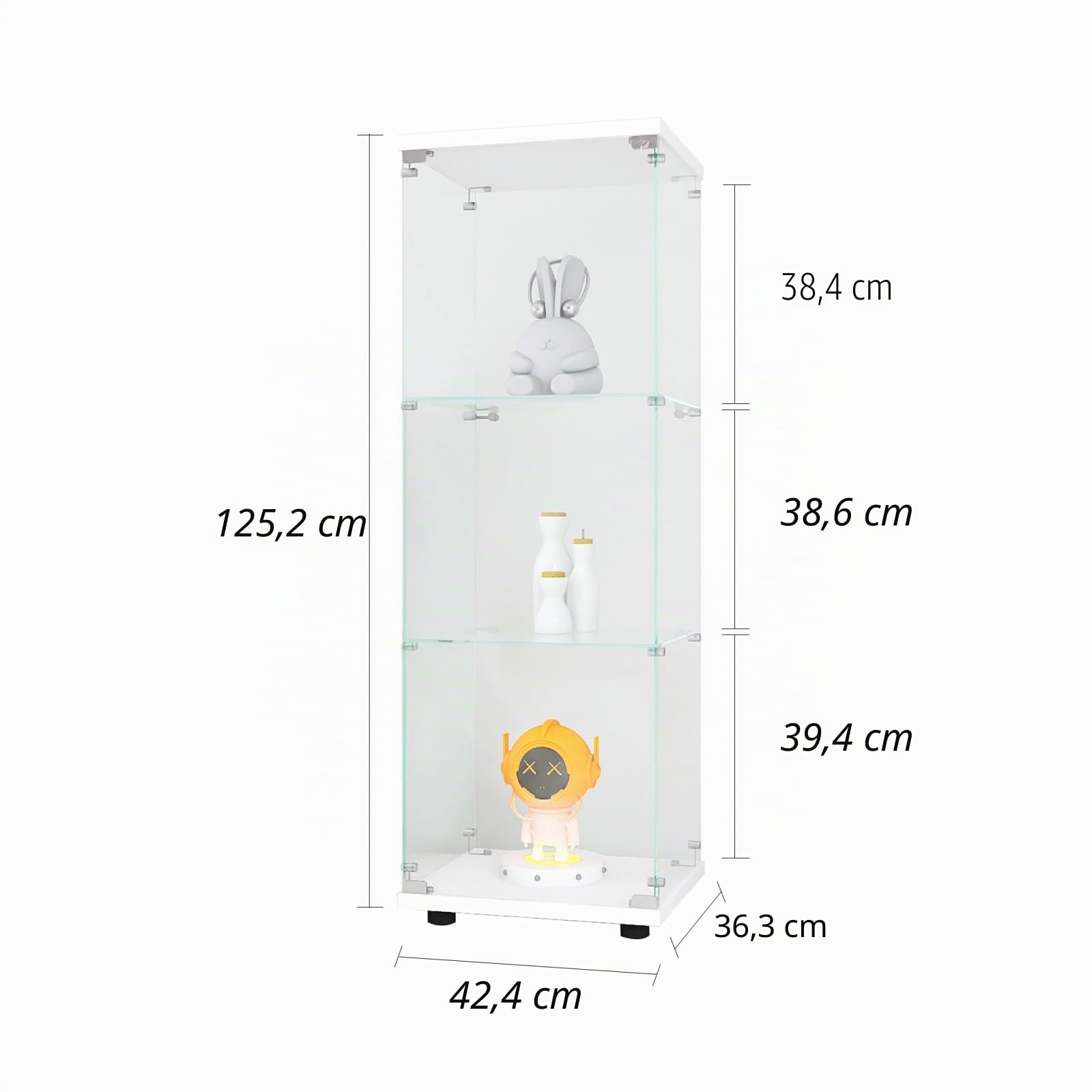 Vitrine en Verre Debout 36x42x125cm, Armoire de Rangement en Verre sur Pied, 3 Étagères, Vitrine pour Collection avec 1 Portes et Serrure, pour Bar, Cuisine et Salon (Blanc)