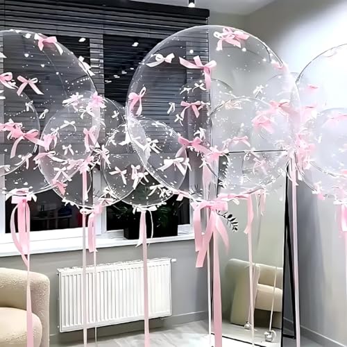 Image of Transparent Bobo Balloons with 80 Pink Bow Decorations Romantic Butterfly Balloon Suitable for Valentine's Day Wedding Anniversary Birthday Festival Celebration Decoration Aluminum Film Balloons