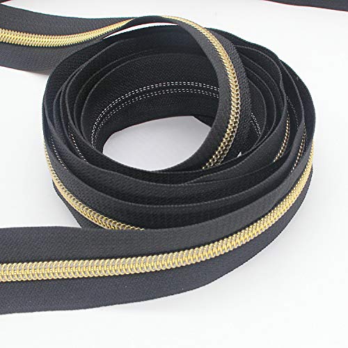 Image of #5 Gold Metallic Nylon Coil Zippers by The Yard Bulk 10 Yards Black Tape with 25pcs Gold Sliders for DIY Sewing Tailor Craft Bag Leekayer(Black)