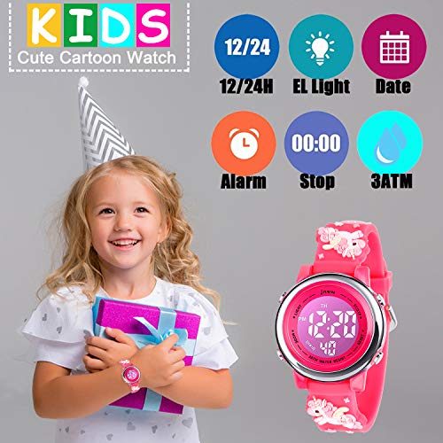 Kids Watch 3D Cartoon Toddler Wrist Digital Watch Waterproof 7 Color Lights with Alarm Stopwatch for 3-10 Year Boys Girls Little Child (Unicorn Rose)3