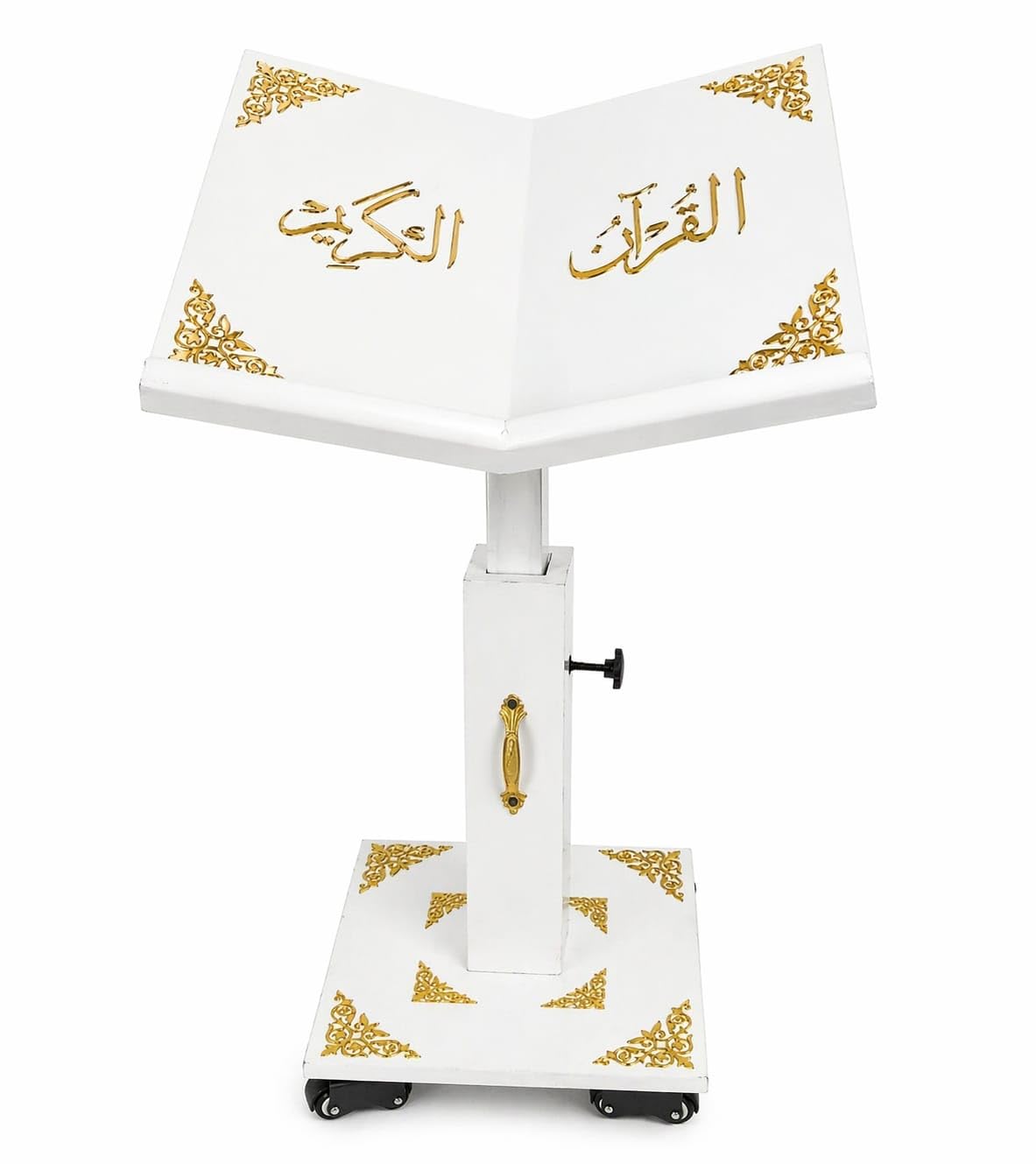 Adjustable Quran Stand with Wheels Height up to 75cm Wooden Rehal Table Gold Acrylic Calligraphy Quran Holder Stand for Reading Namaz Islamic Book Stand for Home Masjid-image-33