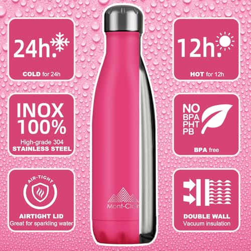 Image of Mont-Clair Stainless Steel Water Bottle, Vacuum insulated - BPA Free, 12h Hot & 24h Cold Drinks, Metal Water Bottle 25 oz Leakproof, Ideal for Adult, Kids, Running - Berry Pink