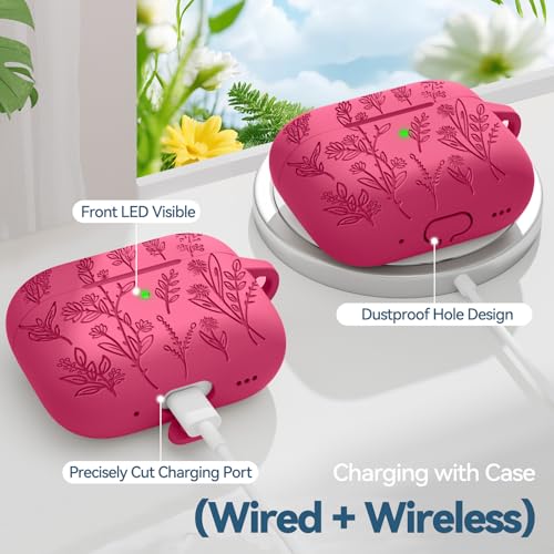 Image of Flower Engraved Case for Apple AirPods Pro 2nd /1st Generation, Soft Silicone AirPods Pro 2 Gen Protective Cover for Women Airpod Cases with Clean Kit,Carabiner,Front LED Visible