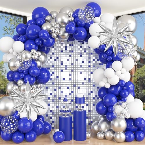 Amandir Royal Blue Silver Balloon Garland Arch Kit for Graduation Party Decorations 145Pcs Blue White Silver Confetti Balloons with Foil Star for 2026 Graduation College Congrats Grad Class Birthday