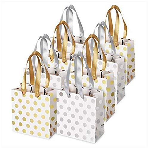 12 Pack - Small Sized Gift Bags Set with Ribbon Handles - 12 Gold or Silver Polka Dot Bags Perfect for Weddings, Birthday and Holiday Presents 24x18x8 cm (Gold)